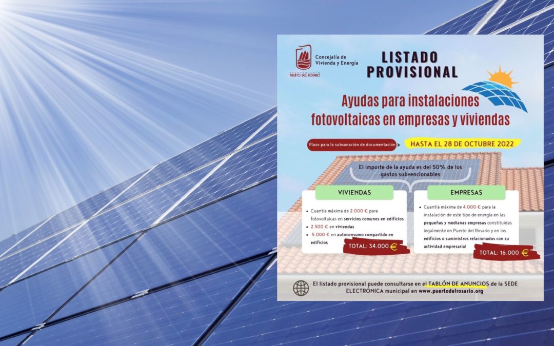 Publicada la lista provisional de las ayudas para la instalación de placas fotovoltaicas en empresas y viviendas de Puerto del Rosario