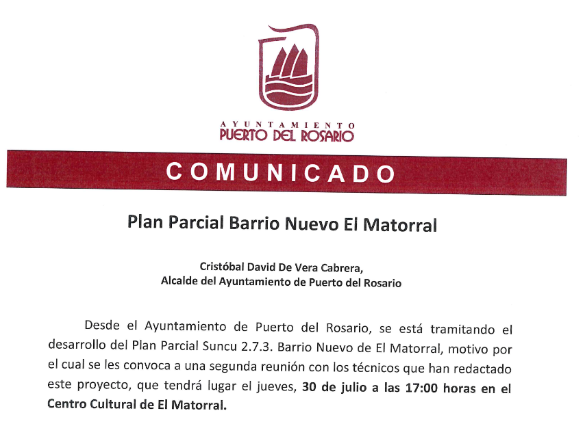 COMUNICADO PLAN PARCIAL BARRIO NUEVO EL MATORRAL SEGUNDA REUNIÓN 30/07/2026 17:00 HORAS