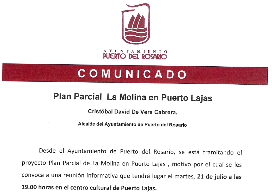 COMUNICADO PLAN PARCIAL LA MOLINA EN PUERTO LAJAS 21/07/2026 – 19 HORAS