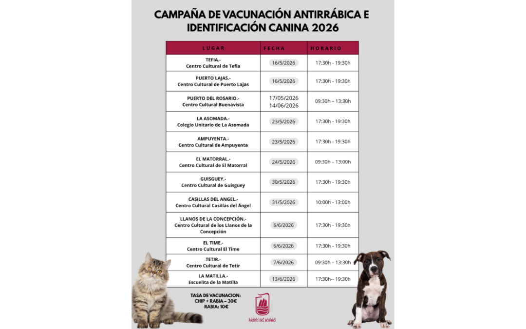 Puerto del Rosario pone en marcha la Campaña de Vacunación Antirrábica e Identificación Canina 2026 en los distintos pueblos y barrios del municipio